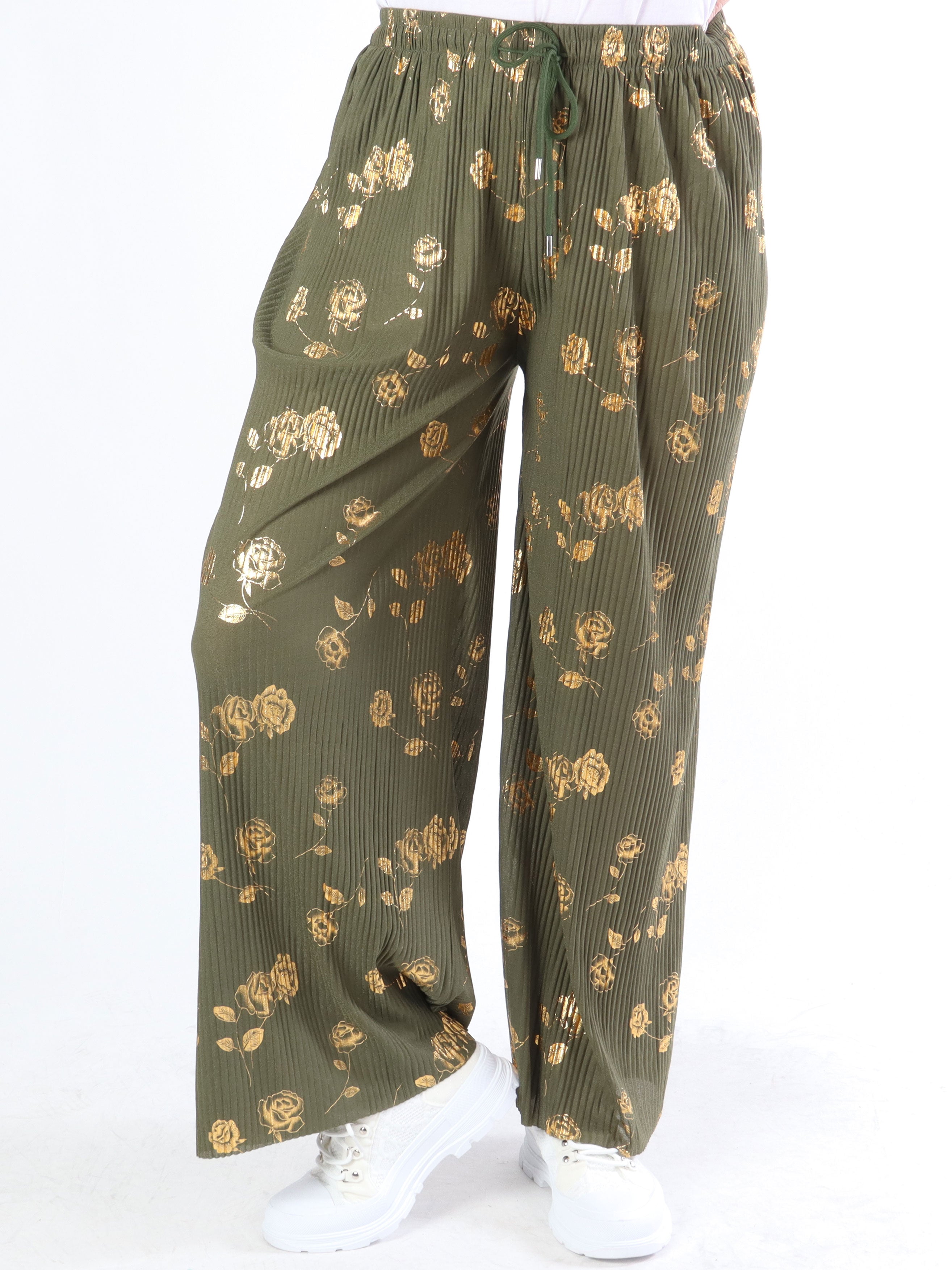 Alpha - Plisserade byxor med guldblommor